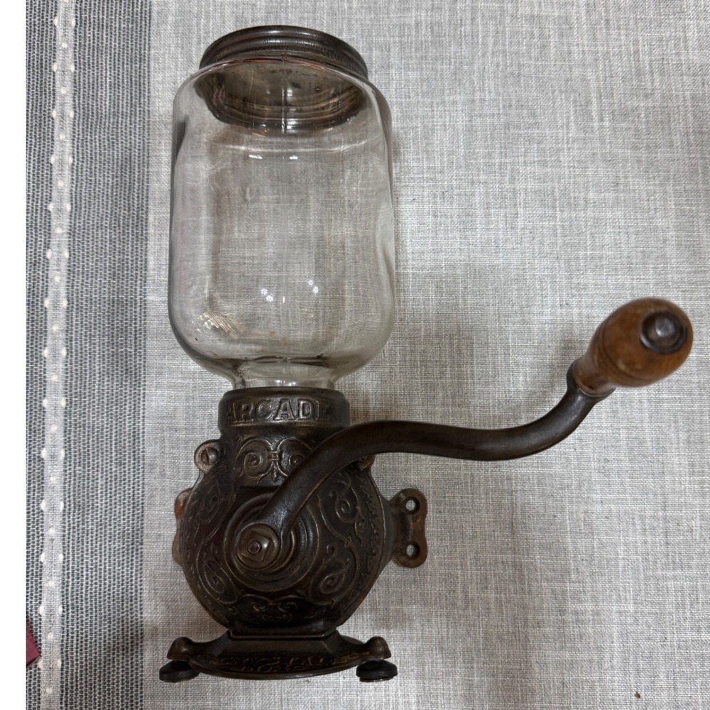 Antique Arcade Crystal No.1 Wall Mount Coffee Grinder Cast Iron Glass Hopper